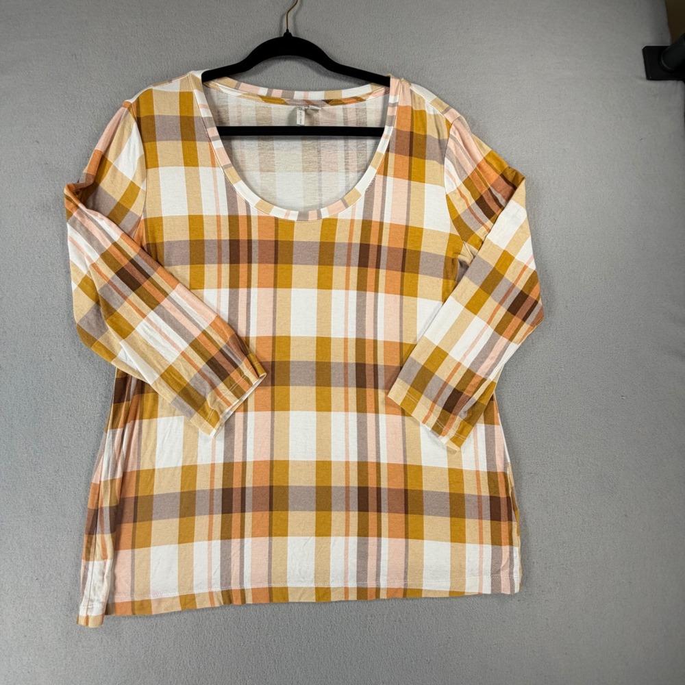 Cato Women Large Plaid Long Sleeve Tunic Top Orange Yellow Brown Autumn Preppy L